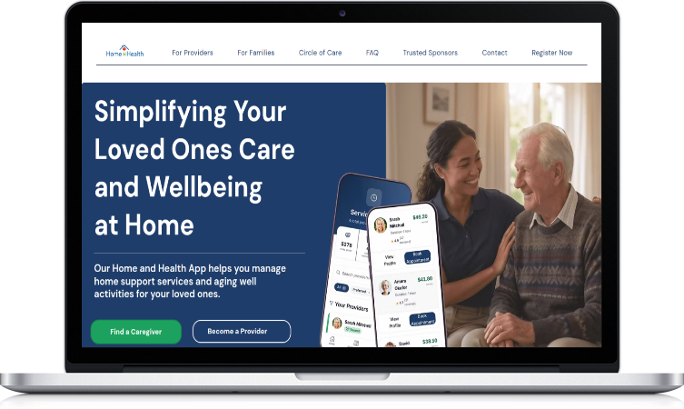Home + Health — Home care and healthcare booking on web, iOS and Android, for the Canadian market.