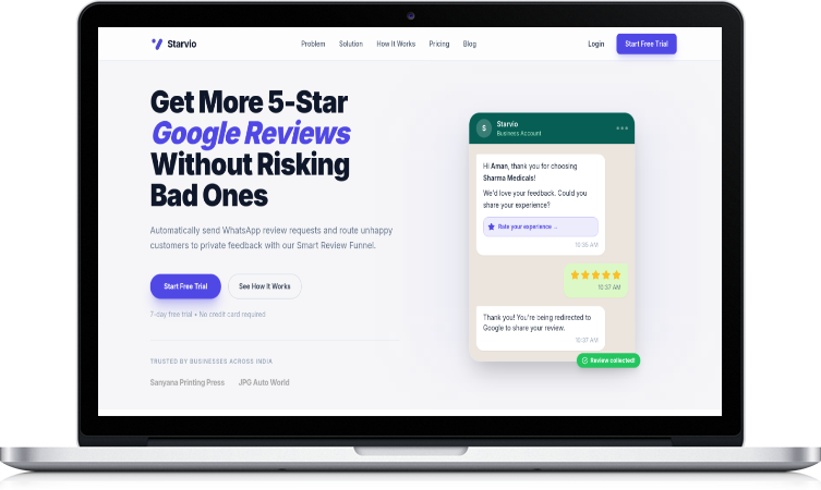 Starvio — WhatsApp-native review platform that grows Google ratings and catches unhappy customers first.