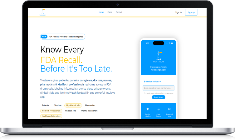 Trustasure — Marketing site for an FDA medical-product safety intelligence app.